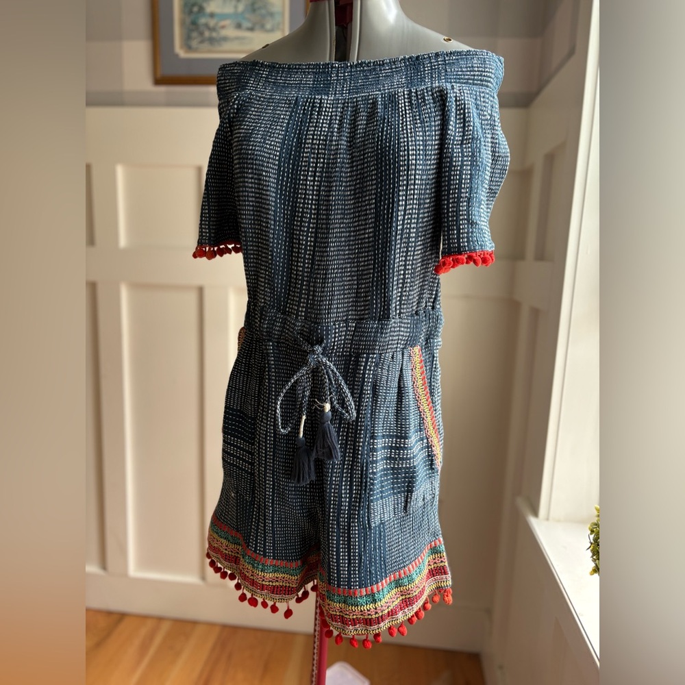 THML Cotton Navy Blue Off-Shoulder Romper with Red Pom Trim Medium